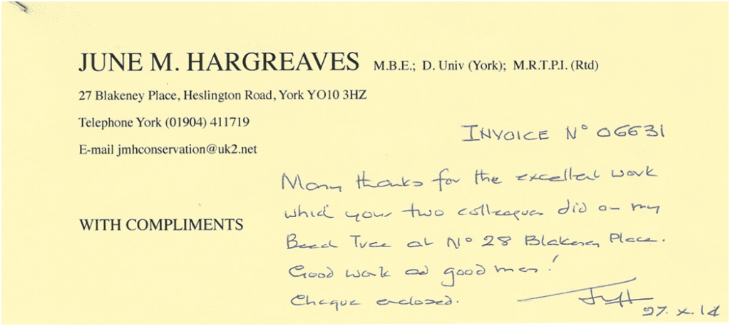 Handwritten letter reading:

Invoice No 06631
Many thanks for the excellent work which your two colleagues did on my Beech Tree at No 28 Blakeney Place. Good work and Good men!