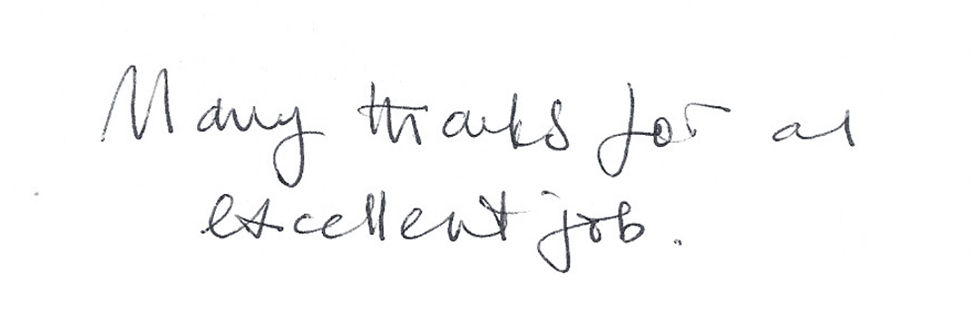 Handwritten note reading:

Many thanks for an excellent job.